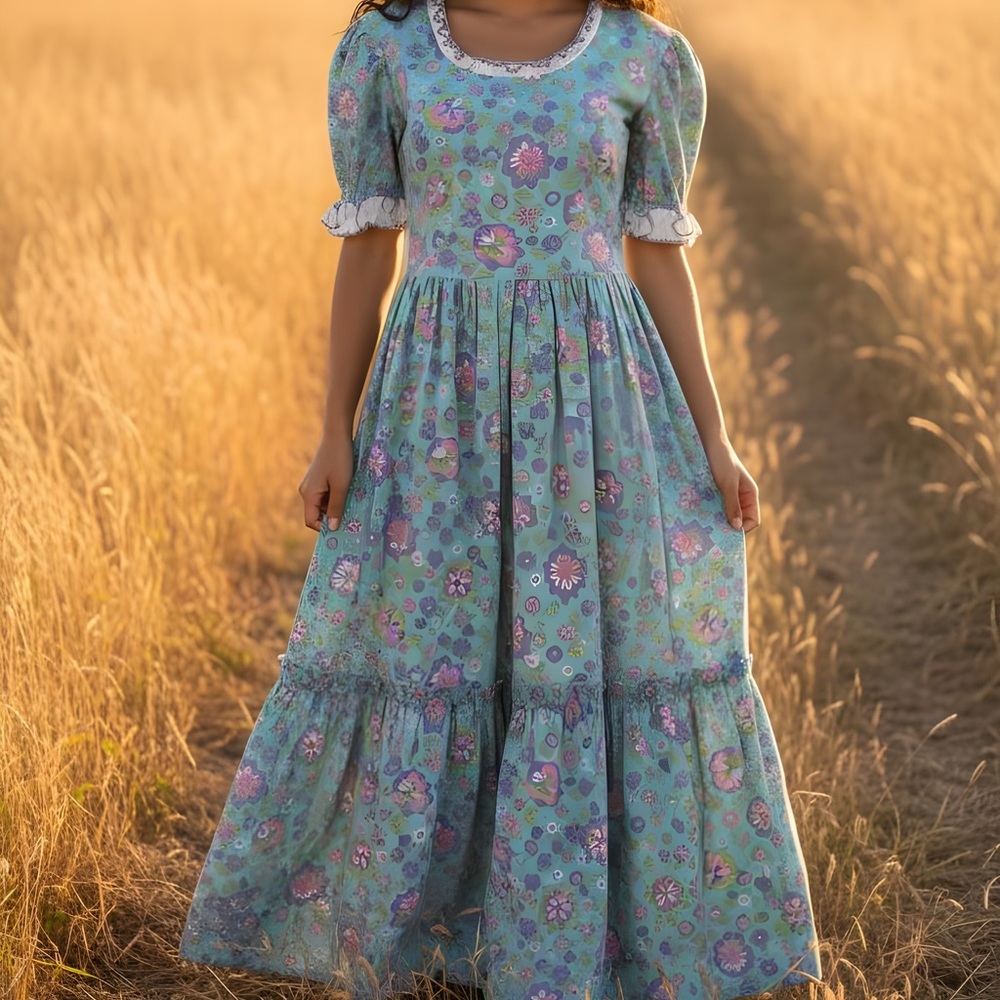 RARE 70's cottagecore hand made blue floral dress - M
